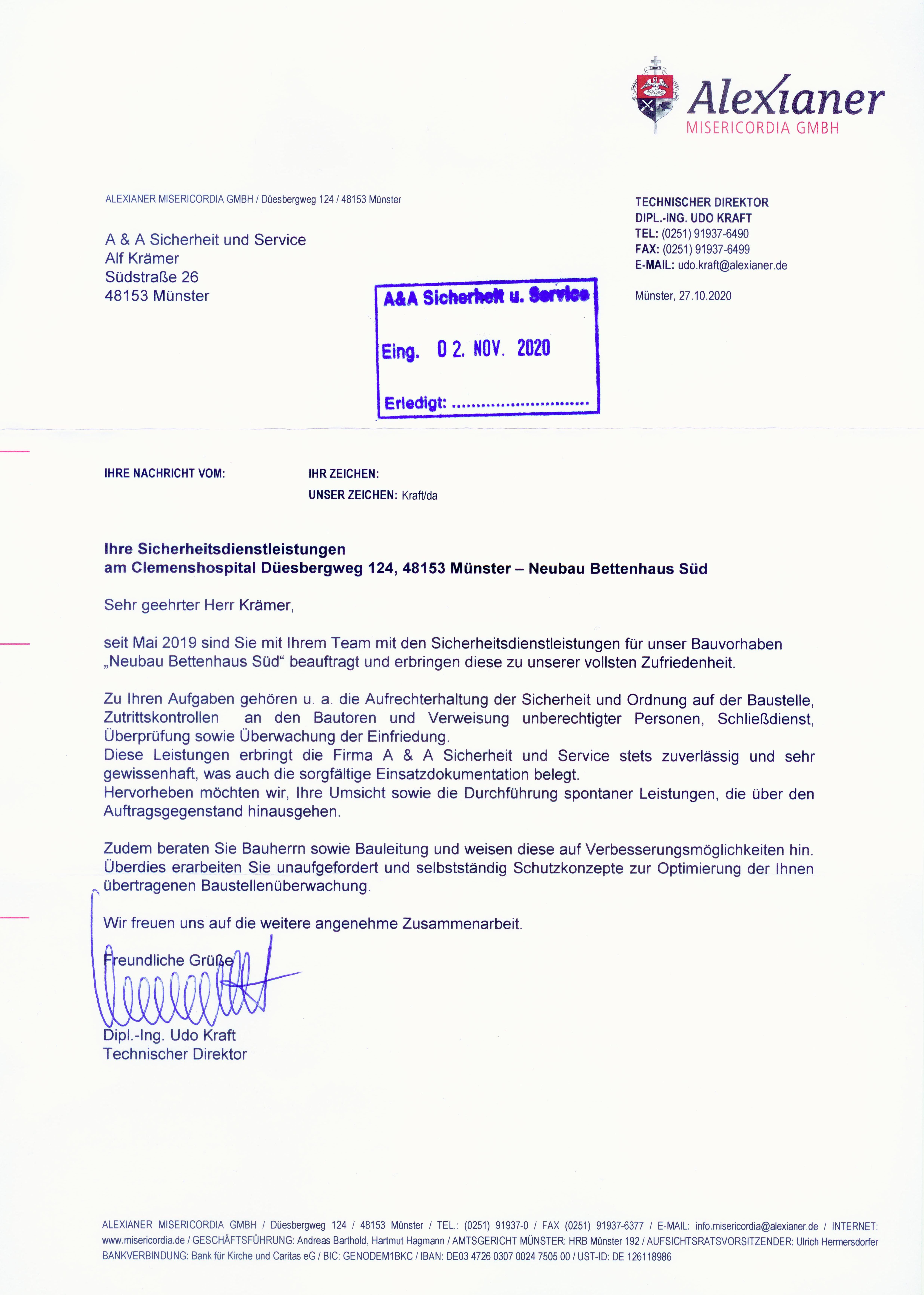 REFERENZ-Schreiben Baustellenbewachung Clemenshospital Münster Alexianer 27.10.2020 @ A&A Sicherheit und Service ®