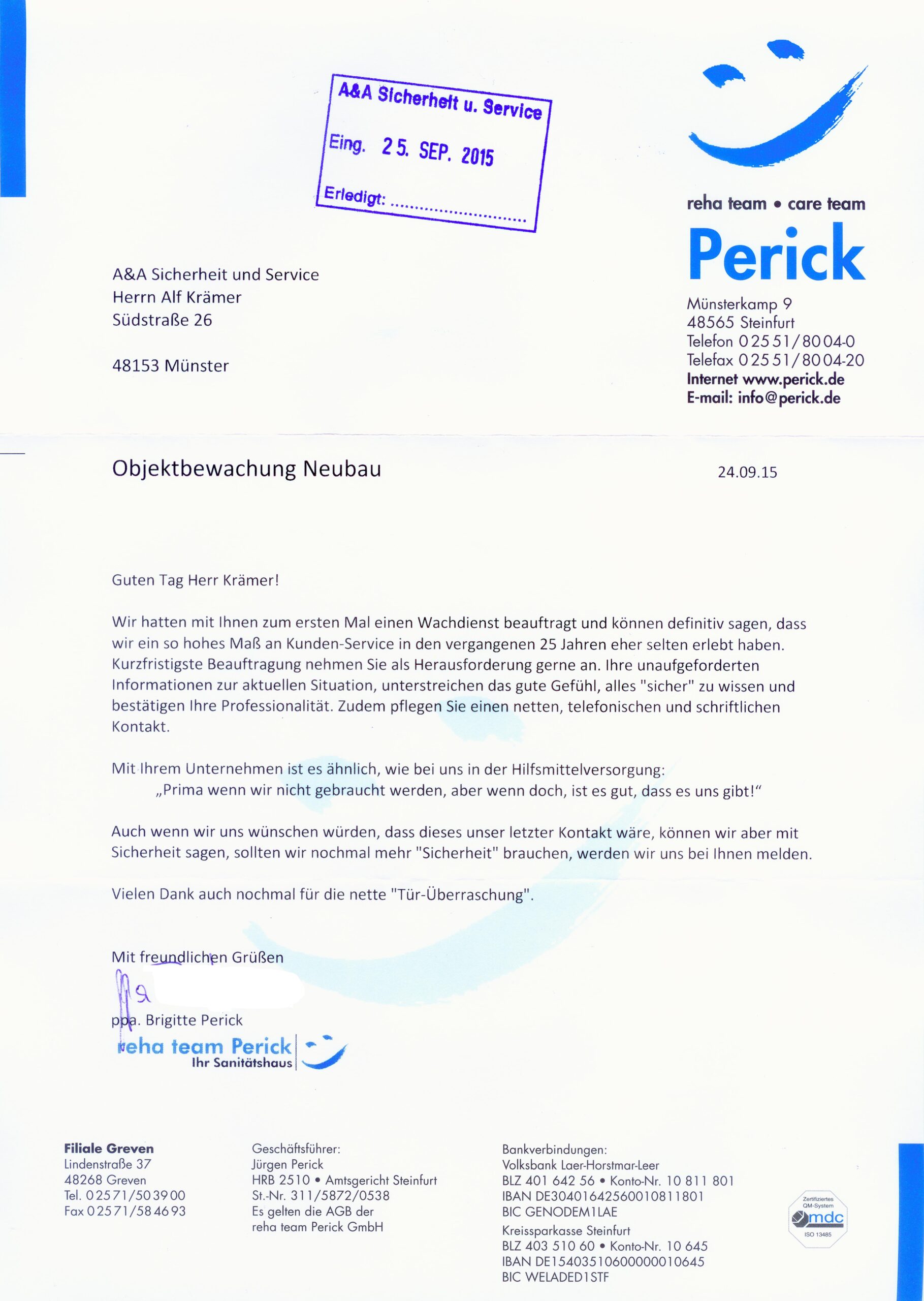 Referenzschreiben reha-team Perick GmbH Steinfurt - Baustellenbewachung 2015 - A&A Sicherheit und Service